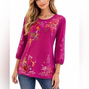 Johnny Was Keone Puff  3/4 Sleeve Tee Shirt Boho Embroidery Size XXS - Runs S